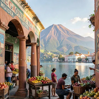 Colonial color against volcano in Granada, Nicaragua, A produce market in a colo