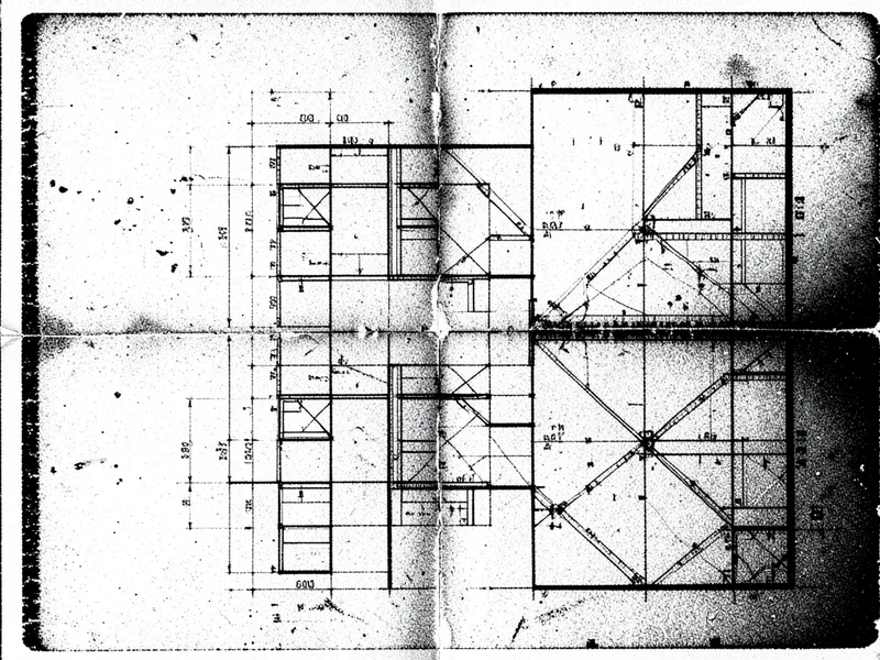 Architectural blueprint photocopied until only the strongest lines survive, fine