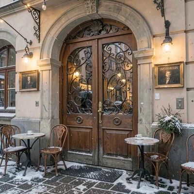 Habsburg café warmth surviving in Lviv, Ukraine, art nouveau doorway with iron f