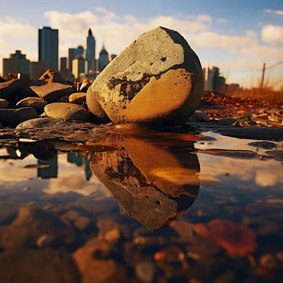 Photo On a lakeshore a mirror leans against a rock. T