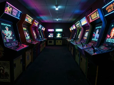 Empty Arcade at Closing Time All Screens Glowing