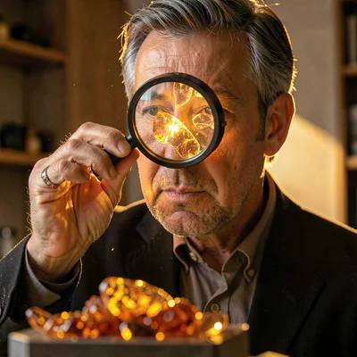 Baltic amber luminescence, backlit golden-brown, A jeweler examining amber throu