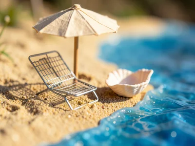 A miniature beach: actual sand, a paper umbrella, a wire beach chair, a seashell