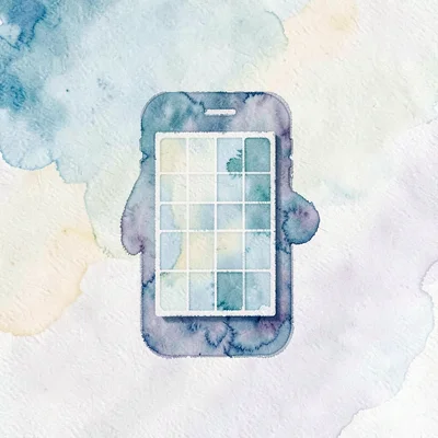 Flat hero of a phone-shape silhouette holding an empty grid, gradient background