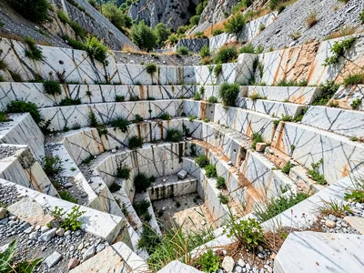 Abandoned extraction level overgrown but geometry visible