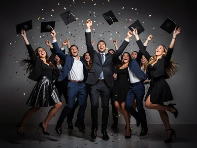 Group of graduates jumping together, caps in air, confetti, pure joy