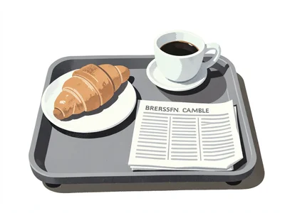 Breakfast tray with croissant, coffee cup, and newspaper folded flat