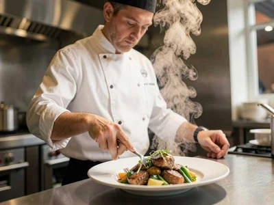 Chef plating dish with steam rising
