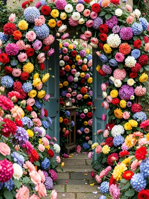 A garden doorway framed by so many blooms the door itself is barely visible