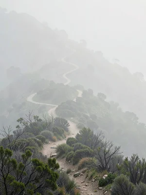 Devotional path winding up a hillside through low scrub, the upper switchbacks f