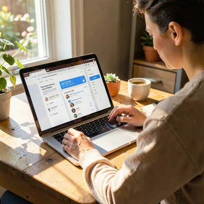 Lifestyle product photograph, Customer leaving product review on laptop, authent
