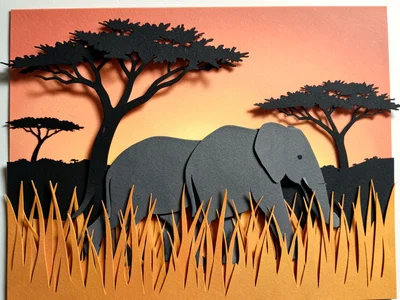 A safari scene: sunset gradient behind, acacia tree silhouettes in black, elepha