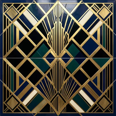 A geometric tile pattern in the Deco style: interlocking gold, black, and cream 