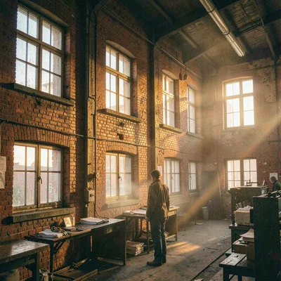 Textile factory ghosts in industrial Łódź, worker dormitory windows catching gol