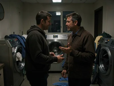 Couple arguing in a laundromat at midnight, clothes tumbling behind them, the sp