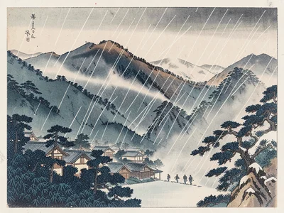 Snow squall over a mountain village, rooftops barely visible through diagonal wh