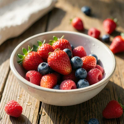 Bowl of fresh berries — strawberries, blueberries, raspberries — with morning li