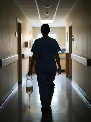Nurse walking down hospital corridor, backlit by distant nurse station, silhouet