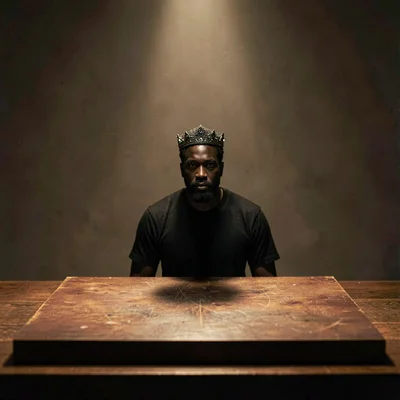 Lamplit portrait of a black king alone on an empty board square at center, rakin