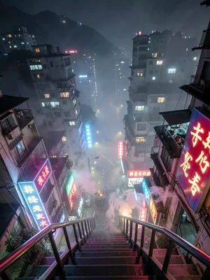 Looking down steep night stairs