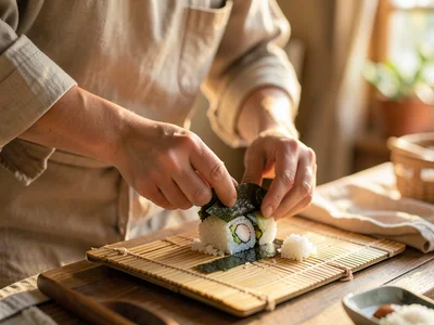 Hands rolling sushi in a bamboo mat, rice and nori visible