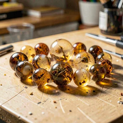 Baltic amber luminescence, backlit golden-brown, Polished amber beads on a jewel