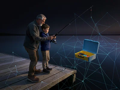 Father and son fishing from wooden dock, quiet morning, tackle box open