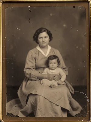 Mother and infant: woman seated, child on lap, both subjects blurred slightly fr