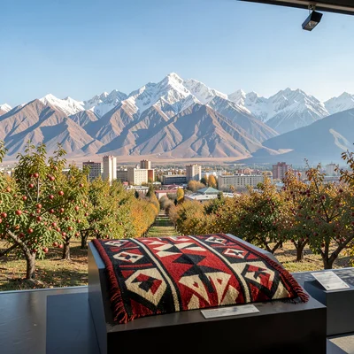 Tian Shan mountains behind Soviet Almaty, geometric patterns of traditional Kaza