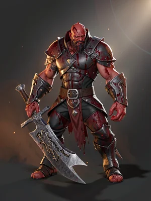 Twilight reaver in blood-red war-paint and iron-bound hides, jagged falchion hel