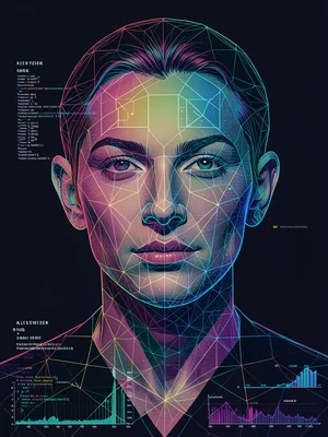 Portrait where features are formed by data visualization — charts, graphs, code
