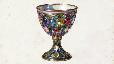 Cloisonné enamel illustration, chalice with jewels , copper wire outlines, glass