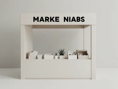 Market stall in Bauhaus composition, products as geometric shapes, bold typograp