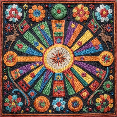 Sun disk — radiating stepped rays alternating with peyote flower bursts