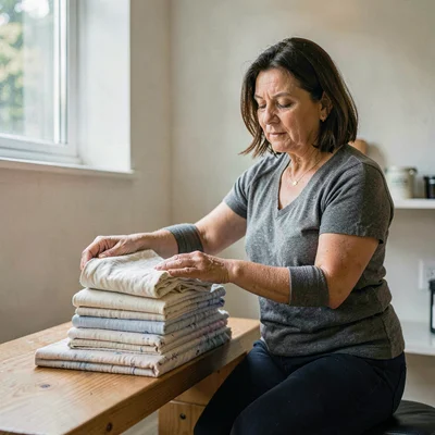 Cropped portrait of a doula stacking folded muslin cloths beside a low wooden be