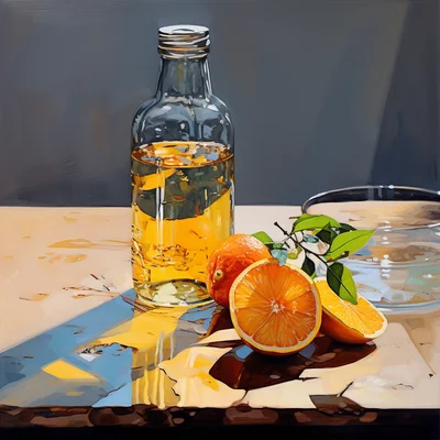 Oil painting of a gatorade bottle on a table. nature