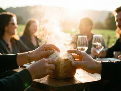 A pair of hands breaking apart a loaf of bread at an outdoor table, steam rising