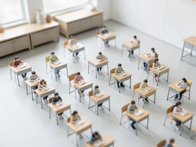 Classroom from above, tilt-shift, miniature students at tiny desks