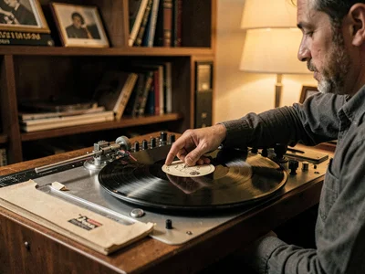 The needle drop moment, tonearm lowered carefully, split second before music beg