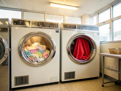 Two dryers side by side with their round windows showing different loads — one w