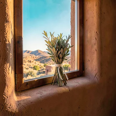Santa Fe adobe warmth, high desert light clarity, Bundle of dried sage tied with