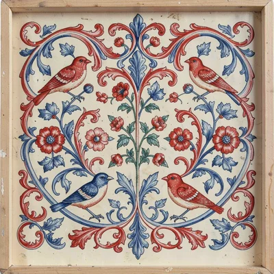 Scandinavian rosemaling illustration, birds and flowers in symmetrical arrangeme