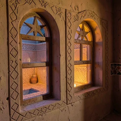 Colored light through qamariya windows in Sana'a, Yemen, plaster relief detail, 