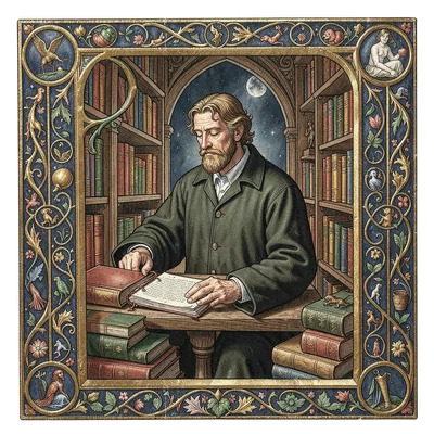 A scholar surrounded by ancient tomes