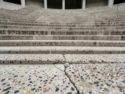 Concrete lecture hall amphitheater, empty after final class, raked seats