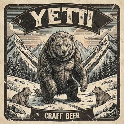 Craft beer label illustration, Yeti in snowy mountain scene , brewery label aest
