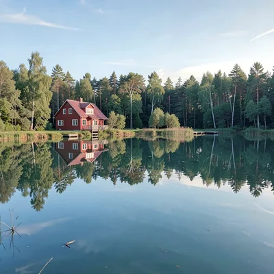 Finnish lake mirror, dead-calm reflection, Red summer cottage doubled in glassy 