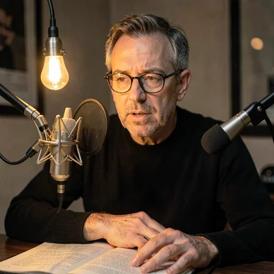 Portrait of a narrator at a condenser mic with reading glasses, warm pendant glo