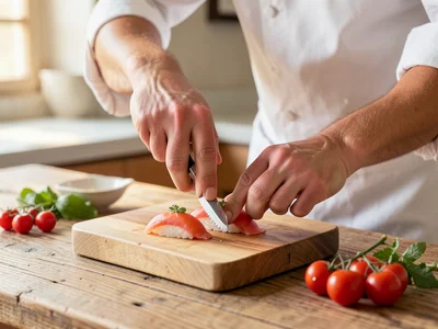 Sushi chef placing nigiri on wooden board, precise hands, minimal clean counter