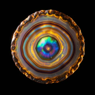 Agate slice showing concentric color bands, backlit, fortification pattern in wa